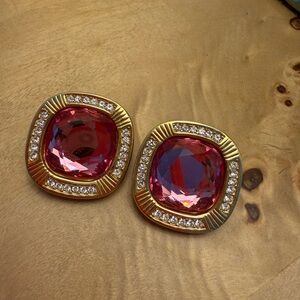 Swarovski- Pink Crystal Statement Earrings Gold Tone Rhinestone Clip-On Vintage